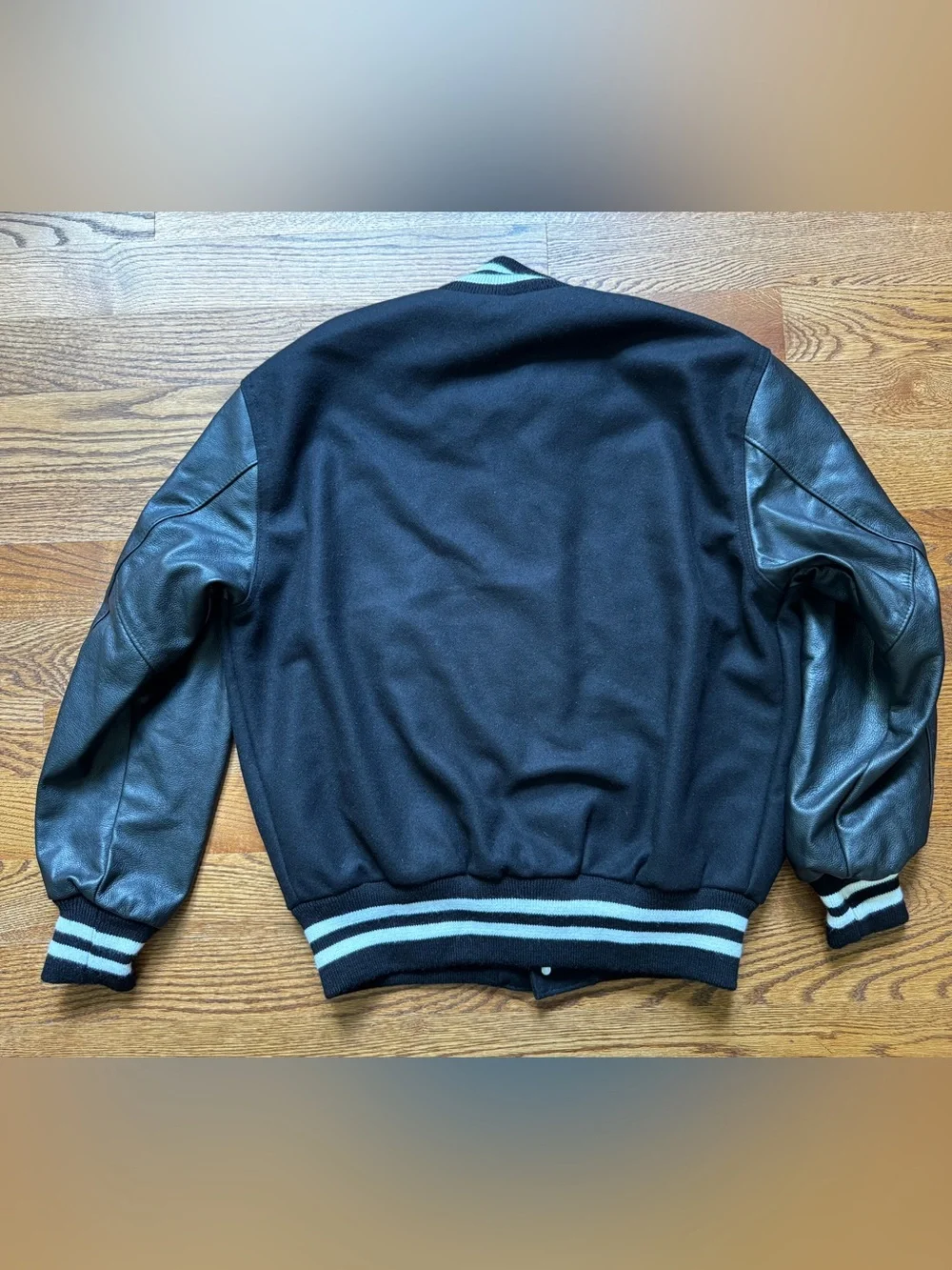 Jostens Men’s L Black Wool Leather Varsity Letterman Jacket V Horn Patch